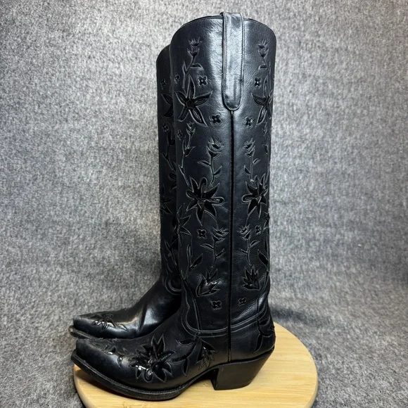 Liberty Boot Co Black Leather Cowboy Boots Sz 7B Tall Floral Cutout Western - Picture 1 of 15
